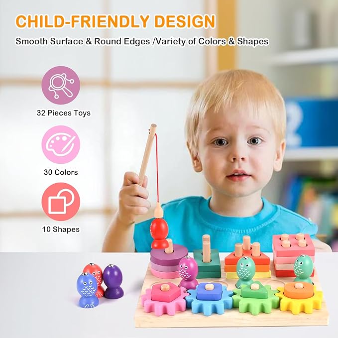 Montessori Toys for 3 4 5 Years Old Toddlers, Wooden Sorting & Stacking Toys, Shape Sorter and Color Stacker Preschool Kids Gifts, 3-in-1 Educational Toy Gift for Baby Boys Girls