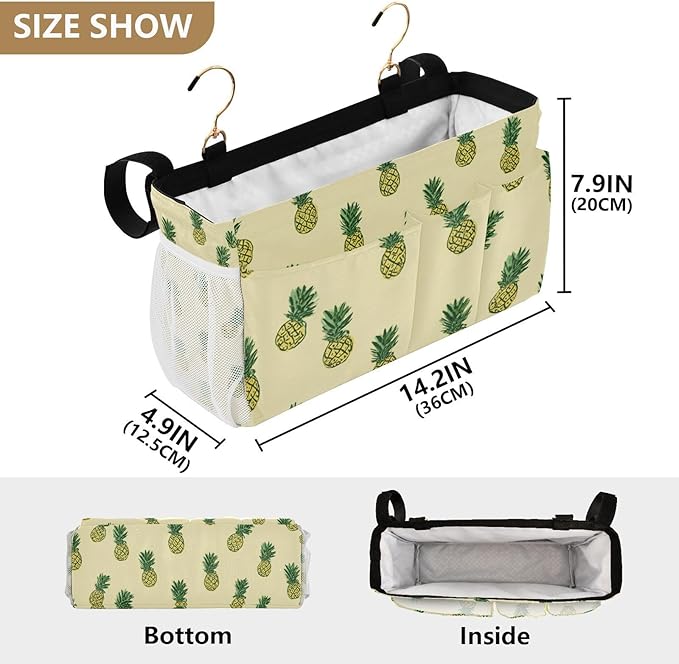 Light Yellow Pineapple01 Bedside Caddy for Dorm Bed Bedside Hanging Caddy Bag Iron Frame Storage Organizer Pocket for Bunk Home College Hospital Beds 2 Hooks