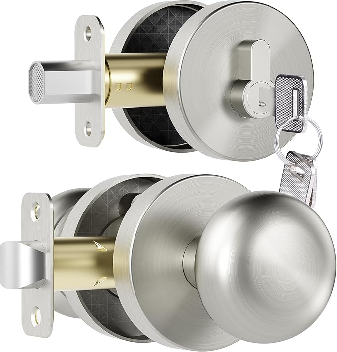Satin Nickel Passage Door Knob and Deadbolt Set Interior/Exterior Door Knob with Single Cylinder Deadbolt Lock Set