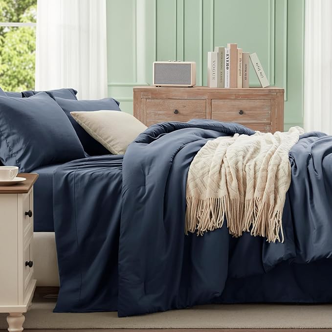 Anluoer Navy Blue Full Comforter Set 7 Pieces, Bed in a Bag with Sheets, All Season Bedding Sets with 1 Comforter, 2 Pillow Shams, 2 Pillowcases, 1 Flat Sheet, 1 Fitted Sheet