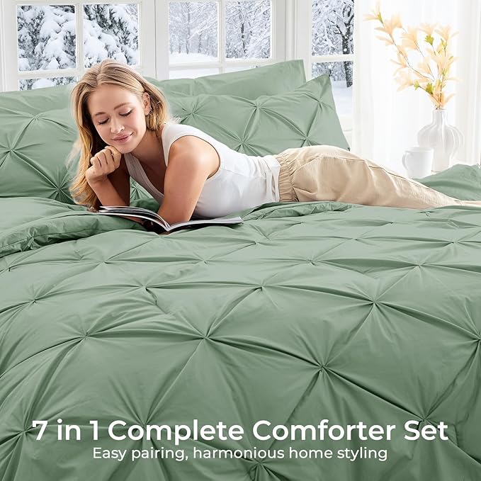 Sasttie California King Comforter Set, 7-Piece Bed in a Bag Cal King, Pintuck Bedding Set for All Season, Includes Comforter, Flat Sheet, Fitted Sheet, Pillowcases and Pillowshams, Sage Green