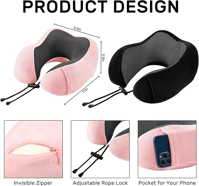 urnexttour Neck Pillow Airplane-2 Pack Memory Foam Travel Pillow, Soft Support Travel Neck Pillow for Travelling, Sleeping Rest, Car, Train and Home Use (Black&Pink)