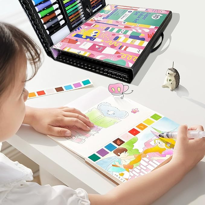 KIDDYCOLOR Kids Art Set, Drawing Art Supplies for Girls & Boys Ages 4-8 with Watercolor Cakes, Oil Pastels, Colored Pencils, Ideal Gift for Young Artist, Black-217pcs