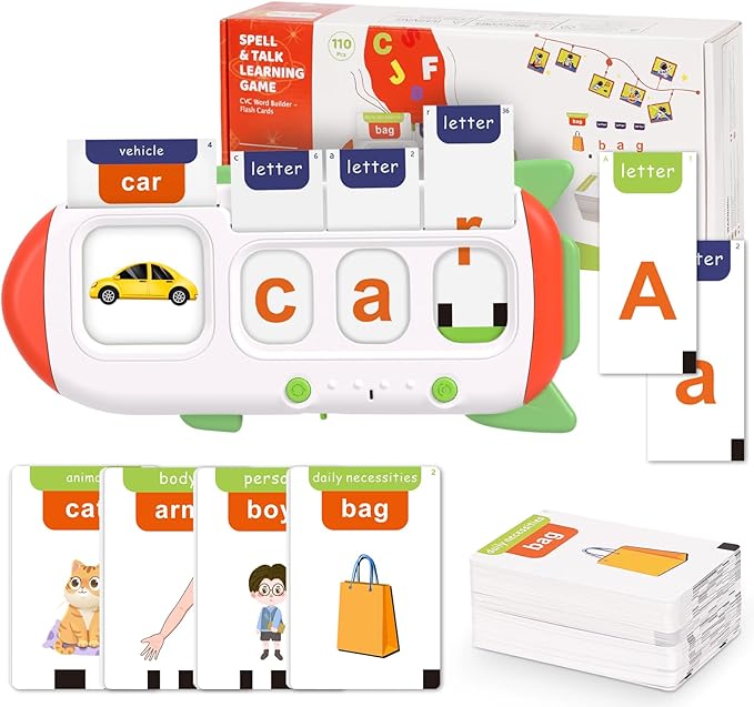 CVC Talking Flash Cards for Toddlers Speak and Spell 107 Words, Montessori ABC Alphabet Learning Toys for Kids Ages 4-8 1 2 3 4 5 6 Year Old, Speech Therapy Sensory Toys for Autism Children Christmas