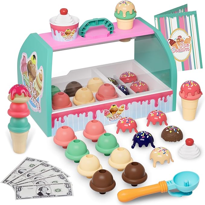 Ice Cream Toy Set for Kids, Pretend Play Ice Cream Shop for Toddlers, Ice Cream Play Set for 3-6 Year Old Girls and Boys, Play Food Accessorie, Educational Toy Food, Gift for 4 5 7 8 Year Olds