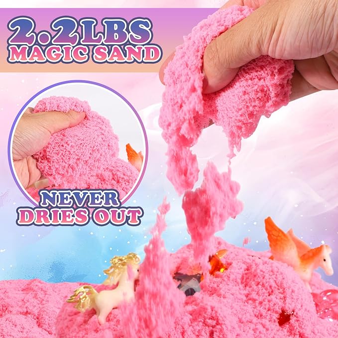 GAIETYDIY Unicorn Magic Sand Kit for Girls, Sensory Bins for Toddlers with LED Light, 2.2lbs Sensory Sand, Castle Decoration, Sandbox with lid, Unicorn Play Set, Beach Toy Gift for Kids 3 4 5 6 7 8…