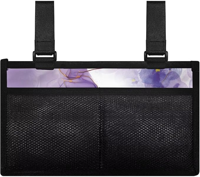 ZOUTAIRONG Purple Marble Print Butterfly Cross Wheelchair Side Bag Power Wheelchair Bag Walker Organizer Pouch Tote for Rollator and Folding