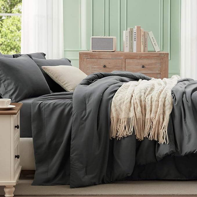 Anluoer Dark Grey Twin Comforter Set 5 Pieces, Bed in a Bag with Sheets, All Season Bedding Sets with 1 Comforter, 1 Pillow Sham, 1 Pillowcase, 1 Flat Sheet, 1 Fitted Sheet