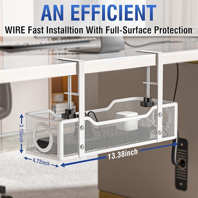 Under Desk Cable Management Tray - GZOKMOG No Drill Cord Organizer with Clamp, Workspace Organizers for Cords, Metal Mesh Wire Management for Home and Office, 1 Pack White, 13.38 inch