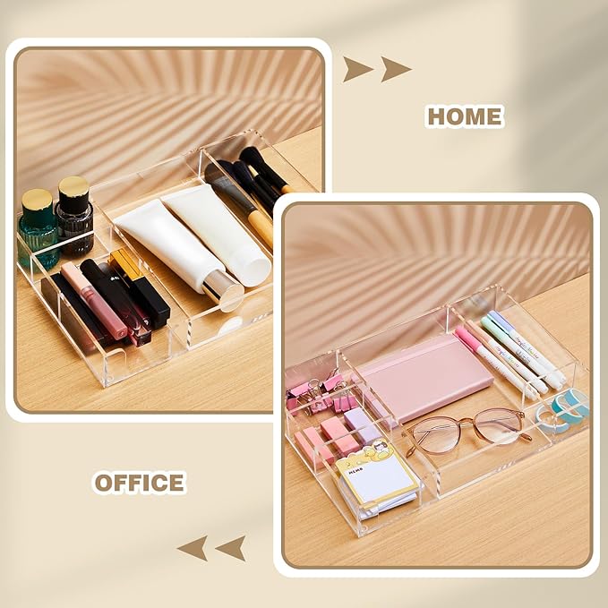 Briwooody Acrylic Drawer Organizer Clear Desk Drawer Organizer Trays with Adjustable Compartments Desk Accessories for Office Stationery Makeup Silverware Bathroom(Adjustable)