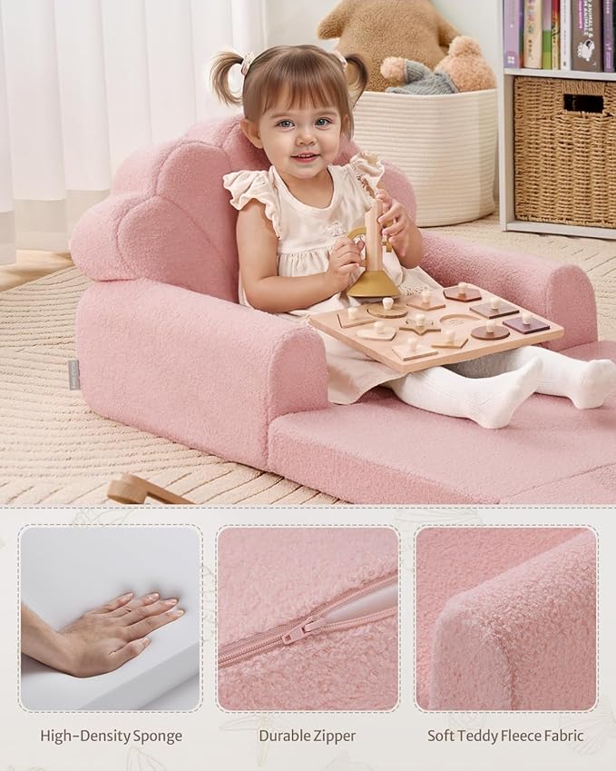 Blissful Diary Kids Couch, 2-in-1 Soft Toddler Couch Fold Out, Toddler Chair Comfy, Convertible Sofa to Lounger with Cute Shell Designs, Pink