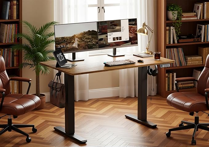 Seang Electric Height Adjustable Standing Desk, 55 x 24 Inch Sit Stand Desk with T-Shaped Frame, 3 Memory Presets & Cable Management for Home Office Computer Workstation, Black Frame/Rustic Brown Top
