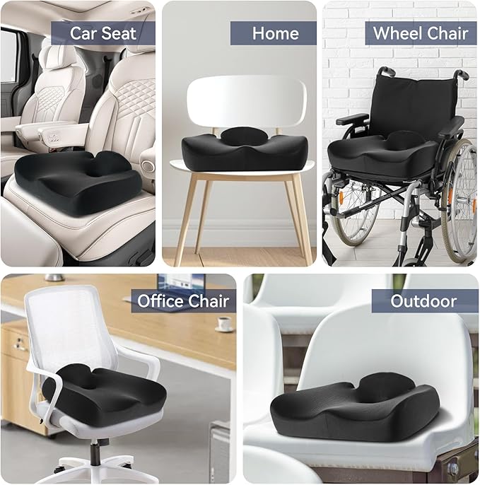 Ergonomic Memory Foam Seat Cushion for Tailbone Pain Relief –Office Chair Cushion for Coccyx, Sciatica & Pressure Relief –Large Chair Cushions for Car Seat, Wheelchair – Washable Non-Slip Cover