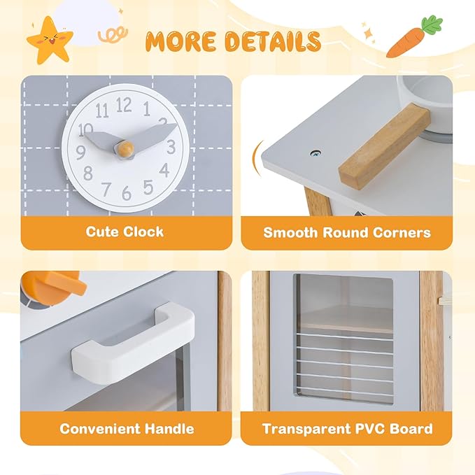 HONEY JOY Kids Kitchen Playset, Toddler Wooden Play Kitchen Set w/Sink, Stove & Oven, Cooking Accessories, Large Storage Cabinet, Little Chef Pretend Play Toy Kitchen Set, Gift for Boys Girls, Gray