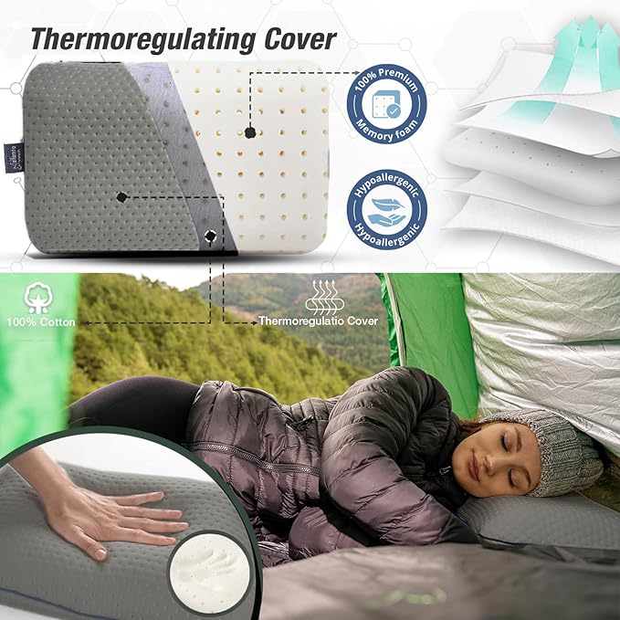 alkamto Travel & Camping Comfortable Memory Foam Pillow – Easy to Carry Portable Bag – Temperature Regulating Pillow Case (Grey)