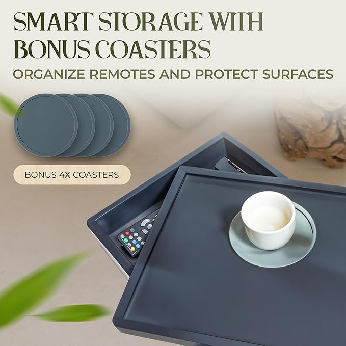 Bamboo Couch Arm Table, Sofa Arm Tray, 360 Rotating Table, Clip On Side Table for Couch, Perfect Size for Remotes, Storage and Includes 4 Bonus Coasters, 13x9.25x2.5in, Grey