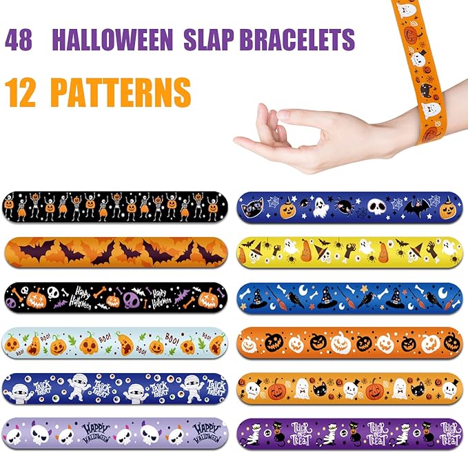 CCINEE 48pcs Halloween Slap Bracelets,Kids Snap Bracelet Wristbands with Assorted Bulk Pumpkin Zombie Skull Ghost Witches for Trick or Treat Gift Bag Filler Party Favors Toy Supplies