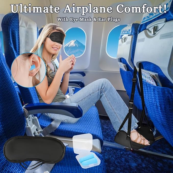 zxbaers Airplane Foot Rest, Portable Airplane Foot Hammock with Memory Foam, Adjustable Height Leg Support for Travel Office Long Flight Essentials
