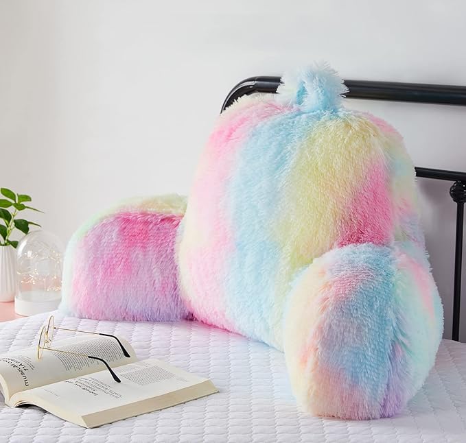 Faux Fur Backrest Pillow for Kids, Teen Reading Pillow with Arms, Fluffy Back Support Pillow for Sitting Up in Bed/Couch, Bed Wedge Pillow for Girls, Reading & Bed Rest Pillows (Pink)