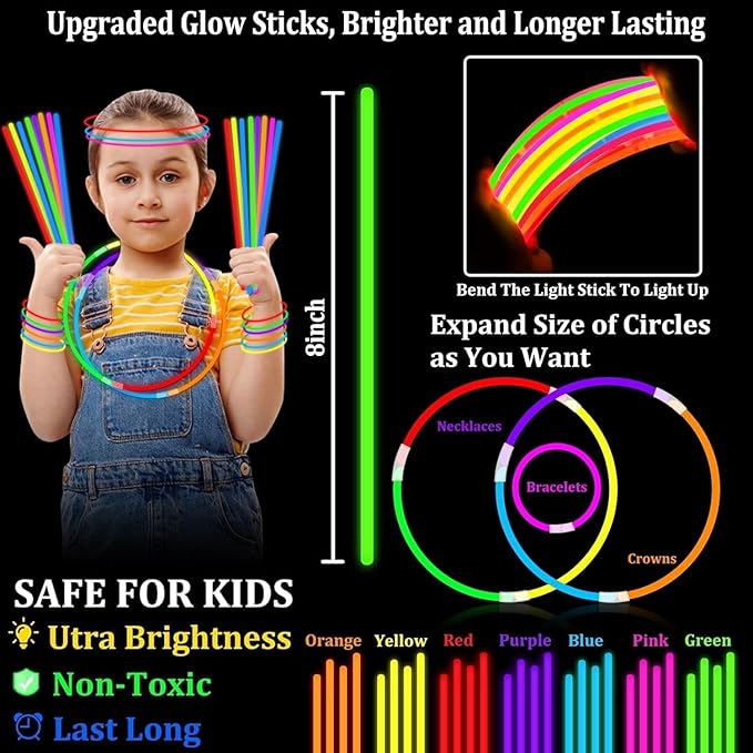 360 Pack Glow Sticks Bulk Party Supplies Glow In The Dark Party Favors Glow Sticks Necklaces Bracelets with Connectors 8" Glowsticks Light Up Toys Neon Birthday Decorations Football Party Supplies
