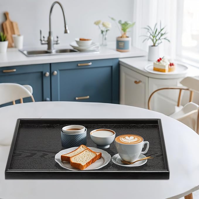 28 x 18 Inches Extra Large Solid Wood Serving Tray for Tea Coffee Table Snack Food Meals Serving Plate Kitchen Party Bar Breakfast Server with Raised Edges Black Wooden Decorative Ottoman Tray