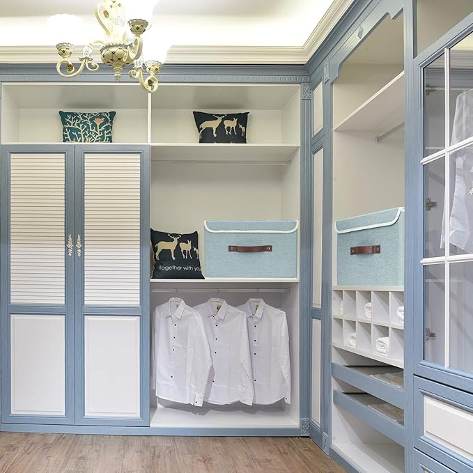 TYEERS Collapsible Storage Boxes, Washable Fabric Storage Bins with Lids, 14.9x9.8x9.8 inches, 2 Pack, Aqua Spring