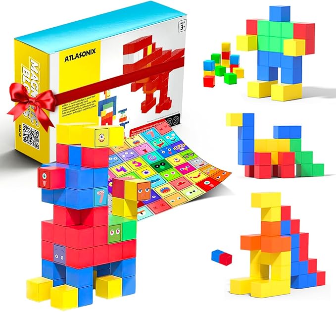 Magnetic Blocks for Kids Ages 4-8, 56 Magnetic Building Cubes & 54 Educational Stickers, STEM Magnet Cube Toy for Boys & Girls. Magnetic Cubes for Learning & Creative Play - Birthday