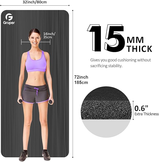 Yoga Mat Non Slip NBR Extra Thick Yoga Mat, 72"L x 32"/24"W x 0.6"/0.4"TH (185cm x 80cm/61cm x 15mm/10mm), Anti-Tear Exercise Mat with Carrying Strap and Bag, Workout Mats for Yoga, Pilates