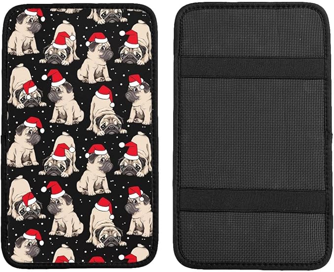 DORKEIXIA Christmas Pug Cute Dog Black and White Auto Center Console Armrest Pad Universal Car Center Console Cover Seat Box Cover for Sedan, Van, SUV, Truck Car Accessorie