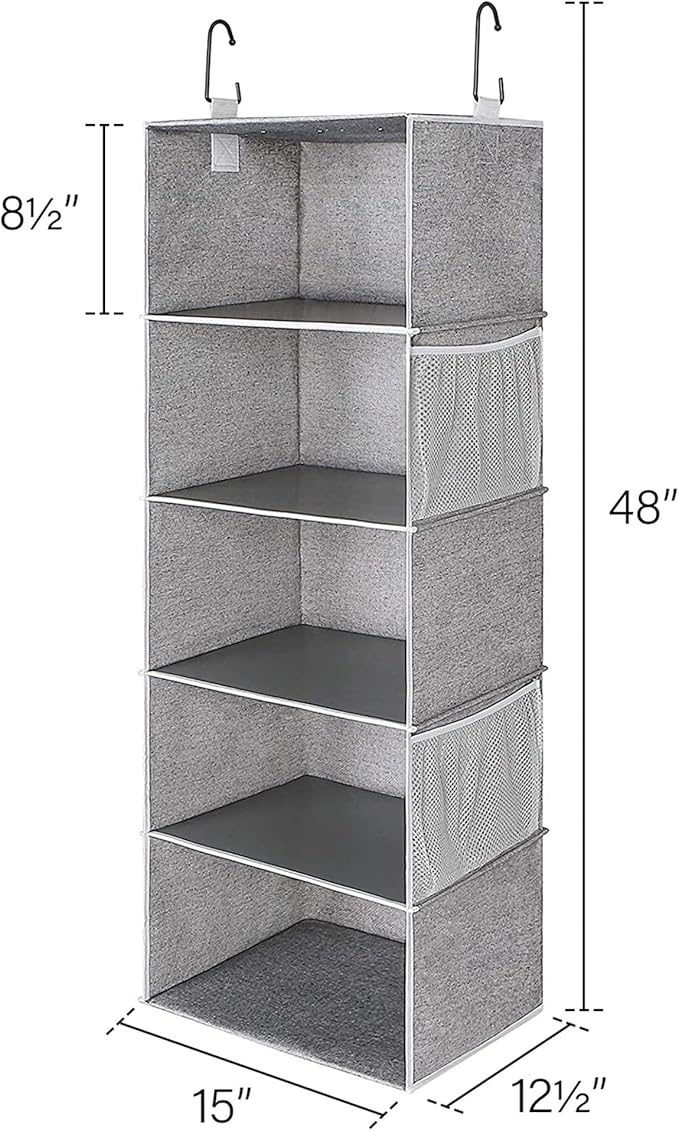 StorageWorks 5-Shelf Hanging Shelves for Closet, Foldable Hanging Closet Organizers with 2 Side Pockets, Portable Clothes Organizers for Bedroom, Wardrobe, 12 1⁄2" D x 15" W x 48" H, Gray