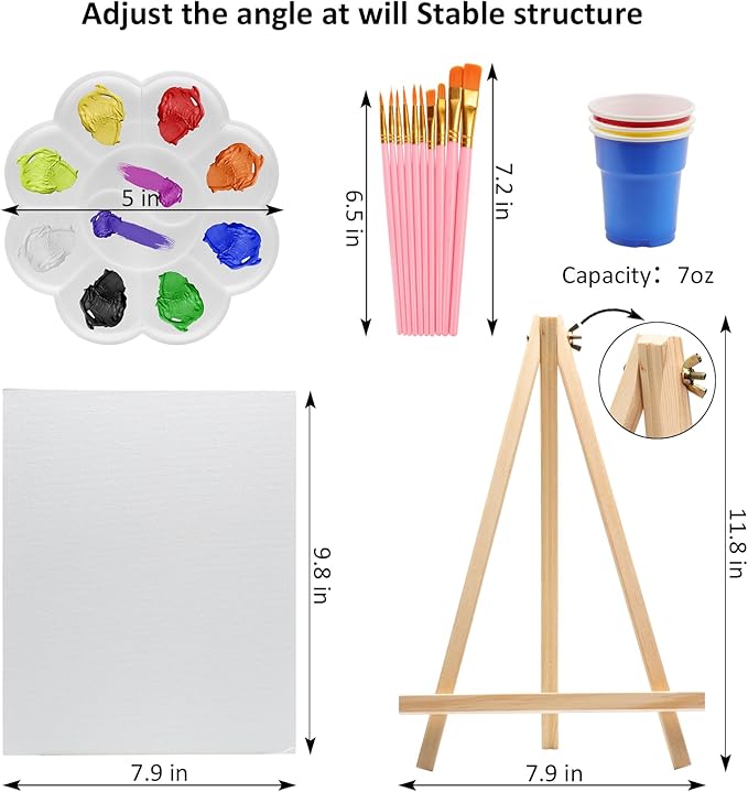 338 Pcs Art Painting Kit Supplies Set for Kids to Party - 180 Paint Brushes, 48 Acrylic Paints, 18 Wood Easels & Canvas Panels & Palettes & Aprons & Wash Pen Cup, 2 Plastic Tablecloth