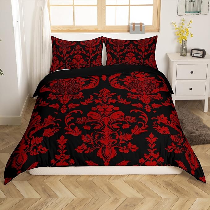 Feelyou Red Black Vintage Damask Floral Duvet Cover Set Oriental Antique Bedding Set Twin Size for Kids Boys Girls Gothic Bohemia Floral Comforter Cover Luxury Flower Quilt Cover,No Comforter