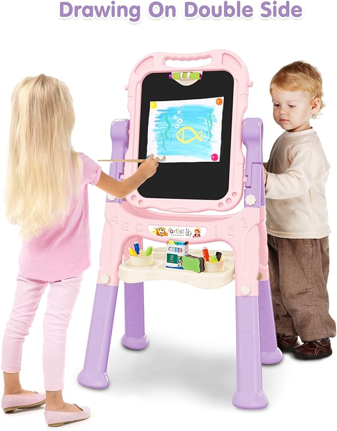 Kids Art Easel, Adjustable Drawing White Board & Chalk Board, Toddler Standing Easel with Painting Accessories, Gift for Girls Boy (Pink)