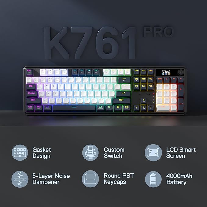 Redragon K761 Wireless Gasket Gaming Keyboard w/Hype Screen & Knob, 104 Keys Mechanical Keyboard, Easy-Control 1.26’ TFT Info Display, 5-Layer Noise Dampening, Custom Linear Switch, Abyssal Blue