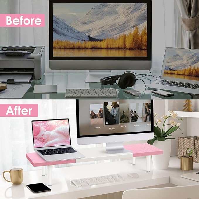 Across-Star Dual-Monitor-Stand-Riser-For-Desk Adjustable Length 32-40 Inch，Large Desktop Computer Monitor Riser For 2 Screens，Desk Shelf Organizer Riser Stand For Computer/Laptop/PC/Printer/TV