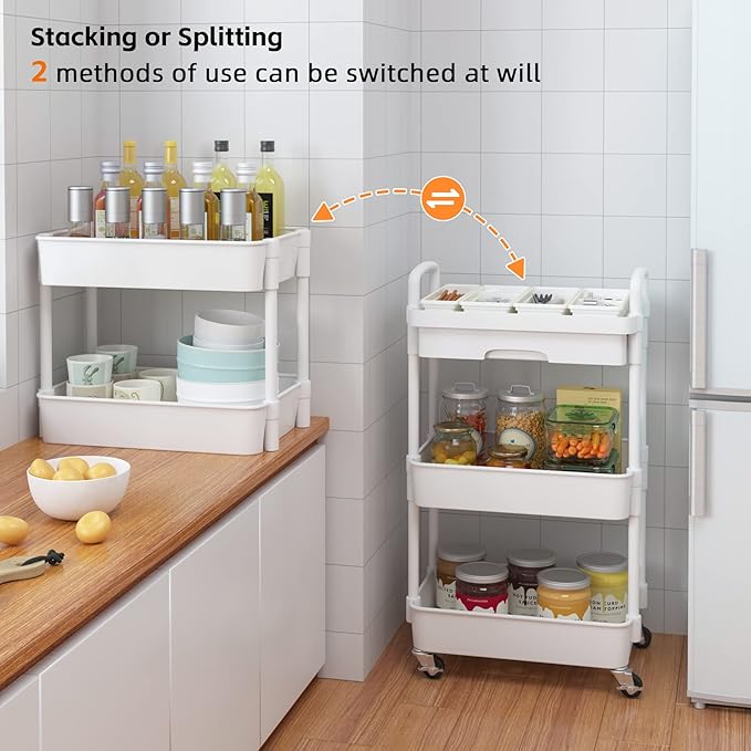 Calmootey 3-Tier Rolling Utility Cart with Drawer,Multifunctional Storage Organizer with Plastic Shelf & Metal Wheels,Storage Cart for Kitchen,Bathroom,Living Room,Office,White