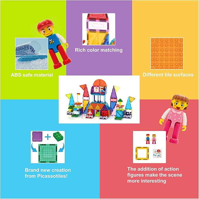 PicassoTiles 333pcs Magnetic Brick Tile and Magnetic Tile Combo Set, Action Figures included, Building Blocks STEM Toys, Educational Montessori Preschool Toddler classroom learning toys, Kids activity