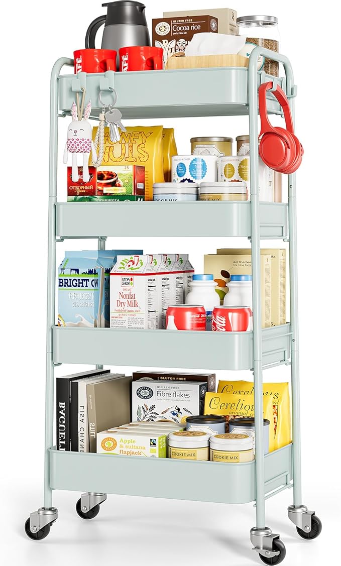 TOOLF 4-Tier Metal Rolling Cart with Wheels, Storage Utility Organizer Cart for Kitchen, Bathroom, Office, Baby Essentials & Makeup - Lockable Casters, Easy Assembly, Large Capacity, Green