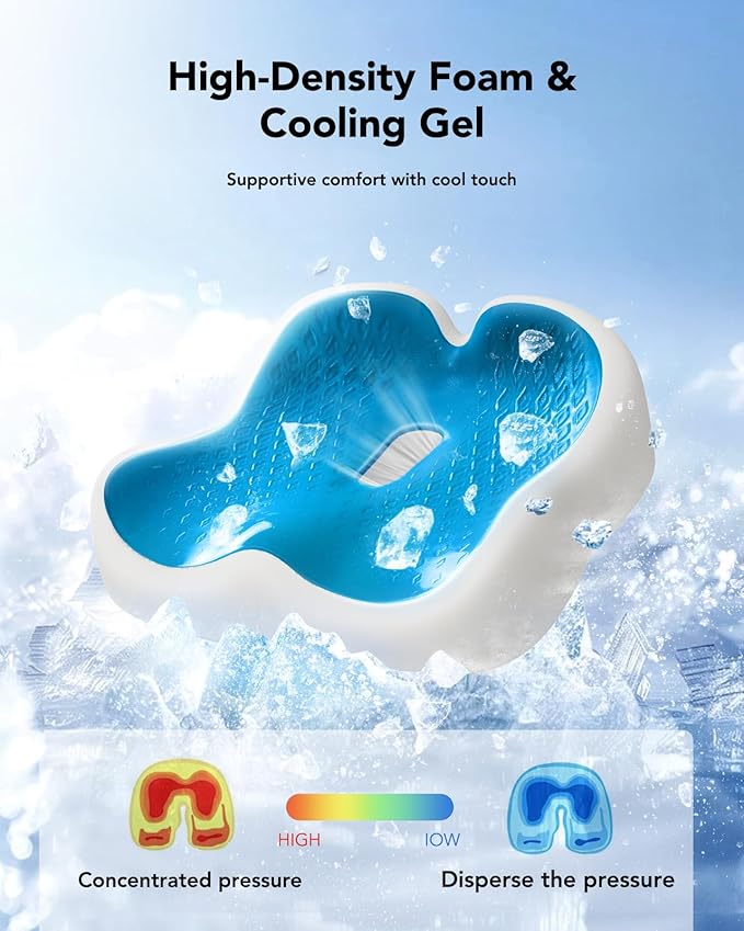 HUANUO Ergonomic Seat Cushion, Memory Foam Cooling Gel Office Chair Cushion for Hip Support, Tailbone Pressure Relief, Breathable Car Seat Cushion for Home, Work, Driving