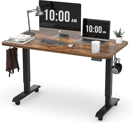 Monomi Electric Height Adjustable Standing Desk, 48x24 Inches, Ergonomic Home Office Sit/Stand Up Desk with Two-Piece Desktop (Black Steel Frame/Rustic Brown Top)