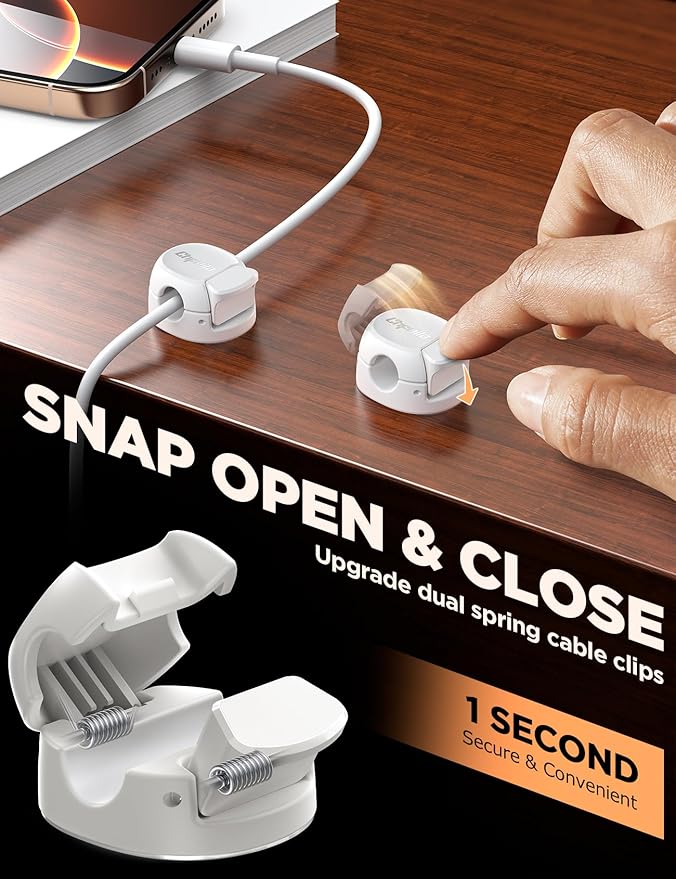 12Pack Cord Organizer [Dual Spring & Clasp] [Max Stability] Cable Clips, Chfeila Cord Holder, Desk Cable Management, Adhesive Wire Organizer for Home Office Desktop Nightstand Car Table Wall - White