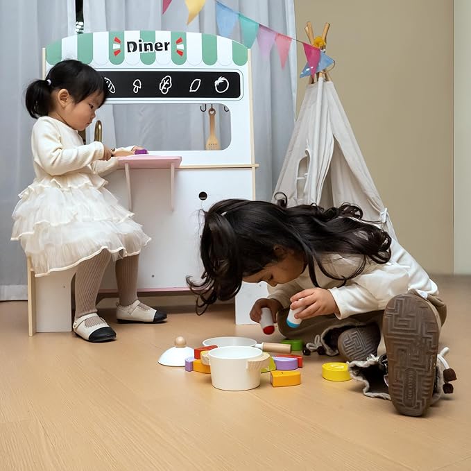 Garsing Play Kitchen Pretend for Kids Toddlers, Double Sided Toy Kitchen and Restaurant with Realistic Features, Wooden Toy Kitchen Sets with Storage and Accessories, Age 3+, Pink