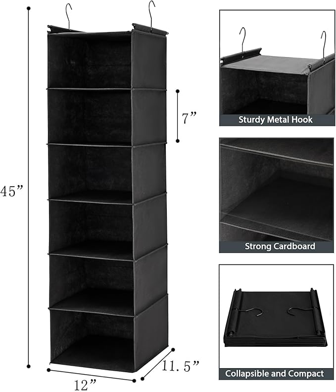 MAX Houser 6 Tier Shelf Hanging Closet Organizer, Closet Hanging Shelf with 2 Sturdy Hooks for Storage, 2 Pack, Foldable (Black)