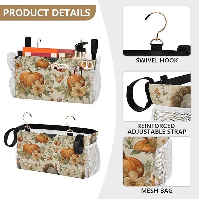 Thanksgiving Turkeys Pumpkin Beige Bedside Caddy for Dorm Bed Bedside Hanging Caddy Bag Iron Frame Storage Organizer Pocket for Bunk Home College Hospital Beds 2 Hooks