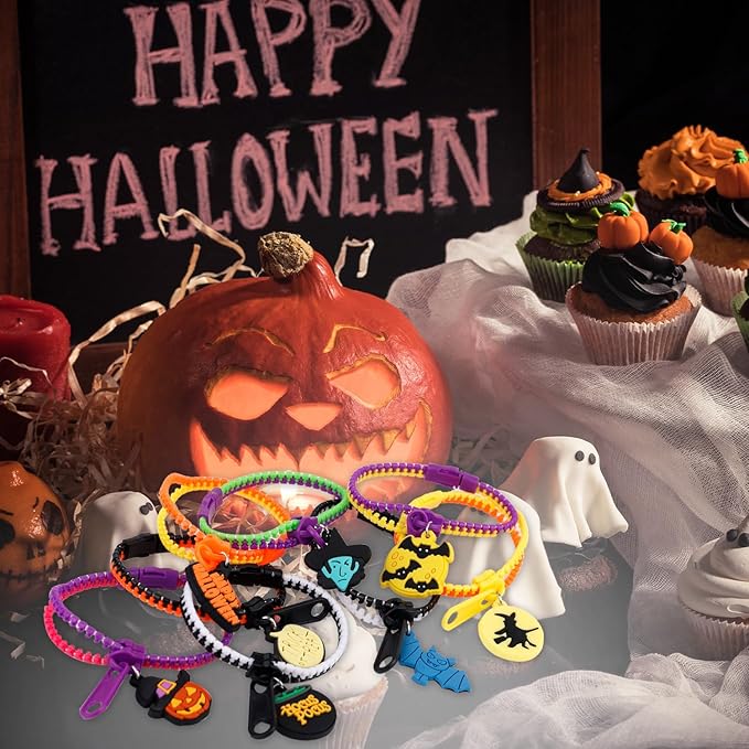 BOXOB Halloween Slap Bracelets, Colorful Halloween Bracelets Friendship Fidget Zipper Bracelet Halloween Party Favors for Birthday Goodie Bags Easter Egg & Pinata Fillers 24 Pack