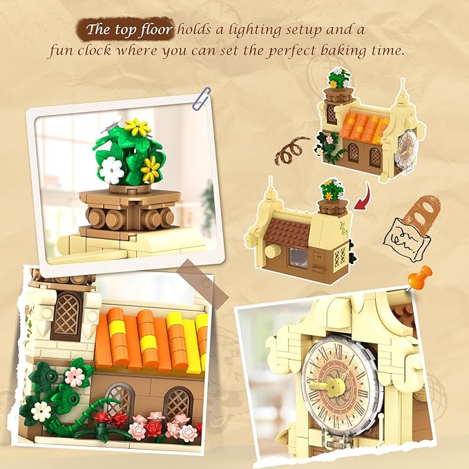 City Bakery Cafe House Building Set with Light, 1289 PCS Baking Shop Building Block Toy with Coffee Cake Bread Bakery Room, Pastry Construction Model for Adults Teens Kids Boys Girls Ages 8-12+