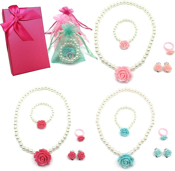 Elesa Miracle Girl Party Favor Pretend Play Princess Rose Pearl Jewelry Value Set - Necklace, Bracelet, Earrings, Ring
