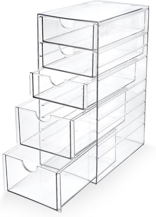 Prsildan Acrylic Drawer Makeup Organizer with 5 Drawers, Hair Accessories Organizer, Office Desk Organization, Clear Stackable Storage Drawers for Vanity, Countertop, Craft, Jewelry