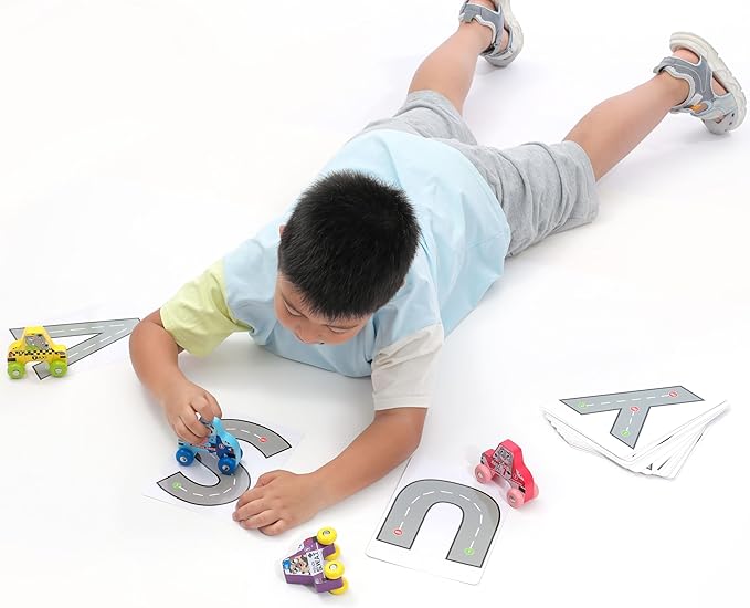 BEKILOLE 4 Wooden Race Cars Montessori Learning Toys for 6-12-18 Months Birthday Gift Travel Toy for 1 2 Year Old Boy Girl Infant Toddlers 8 9 10 Months Old with Tracing Flash Cards