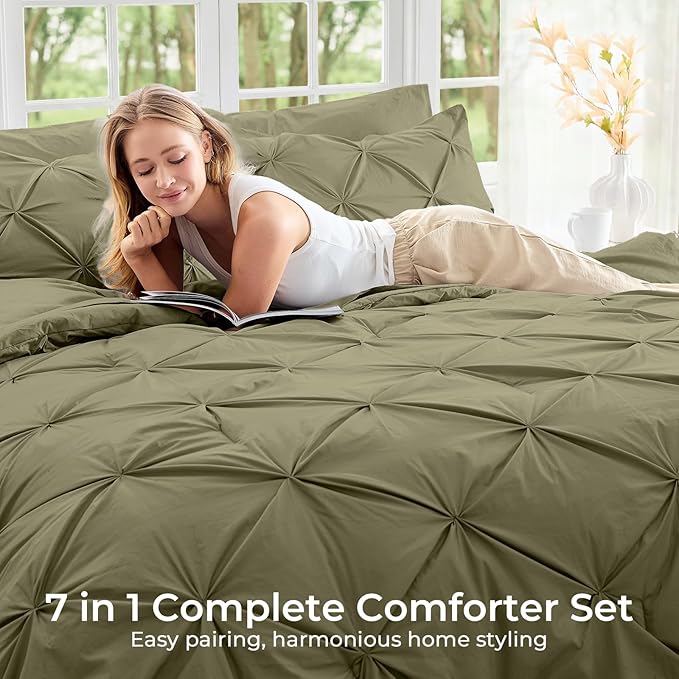 Sasttie Queen Comforter Set, 7-Piece Bed in a Bag, Pintuck Bedding Sets for All Season, Includes Comforter, Flat Sheet, Fitted Sheet, Pillowcases and Pillowshams, Olive Green